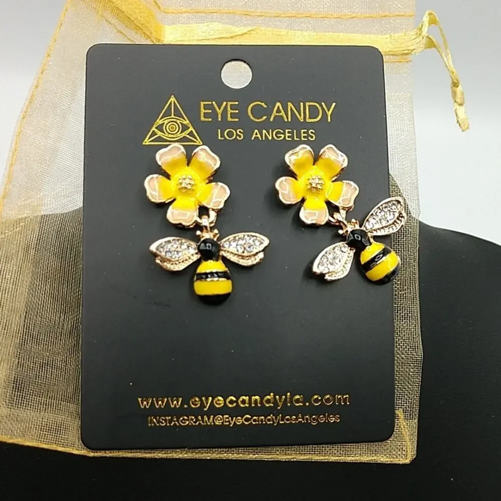 Eye Candy Los Angeles Honeybee and Flower Enamel Post Earrings